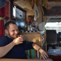 Steve drinking tea in Bertha